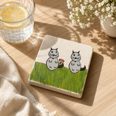 Kedi Figürlü - Doğal Taş Bardak Altlığı